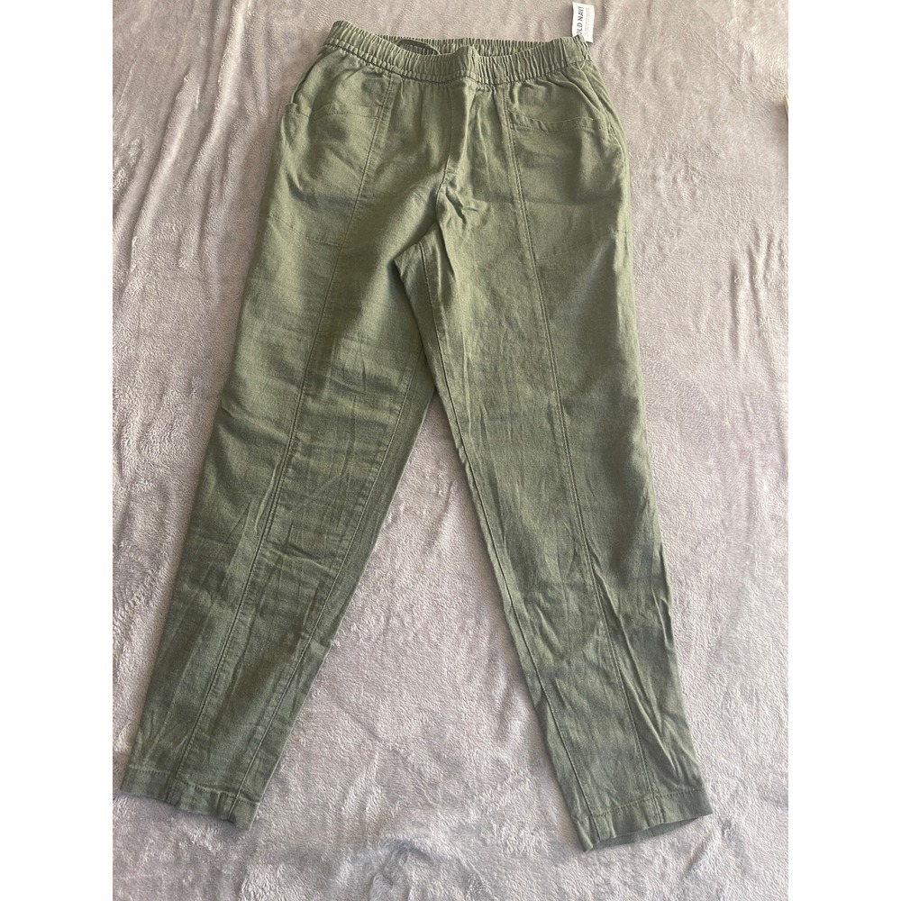 Old Navy Womens XS Olive Green Linen Blend Tapered Elastic Waist Pants NWT